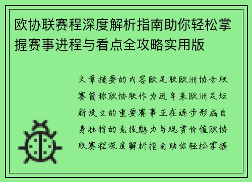 欧协联赛程深度解析指南助你轻松掌握赛事进程与看点全攻略实用版